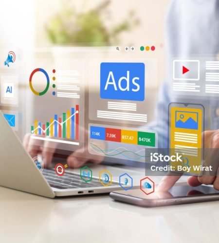 Digital marketing concept, Businessman using laptop with Ads dashboard digital marketing strategy analysis for branding. online advertisement, ad on website and social media. SEO. SMM.